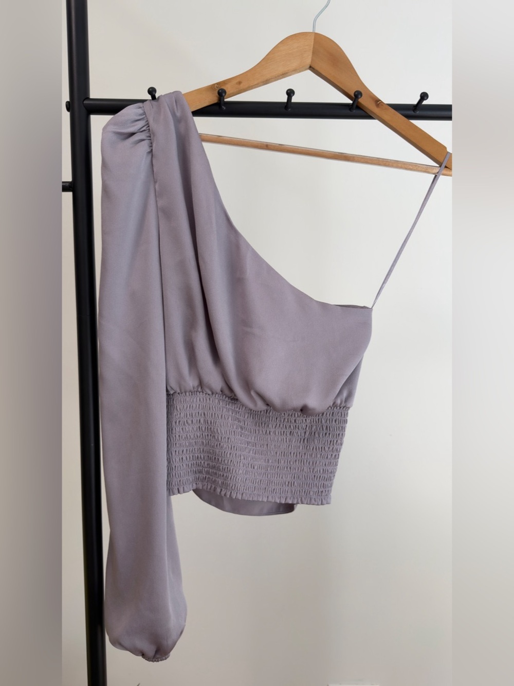 Express Silver Gray One Shoulder Ruched Smocked Crop Top Long Sleeve S